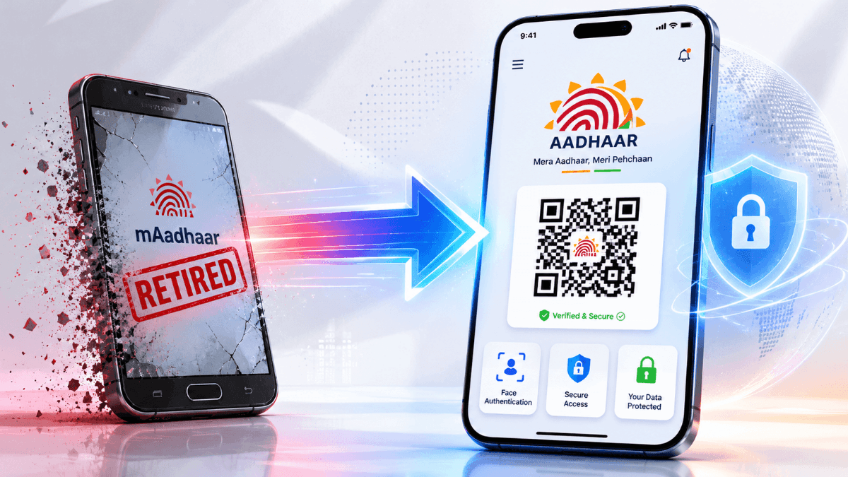 New Aadhaar App interface on a smartphone screen showing secure digital ID verification features